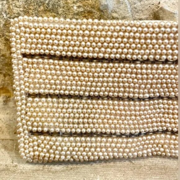 Vintage 1950s beaded faux pearl purse clutch with silver stripes and zipper - Picture 7 of 15